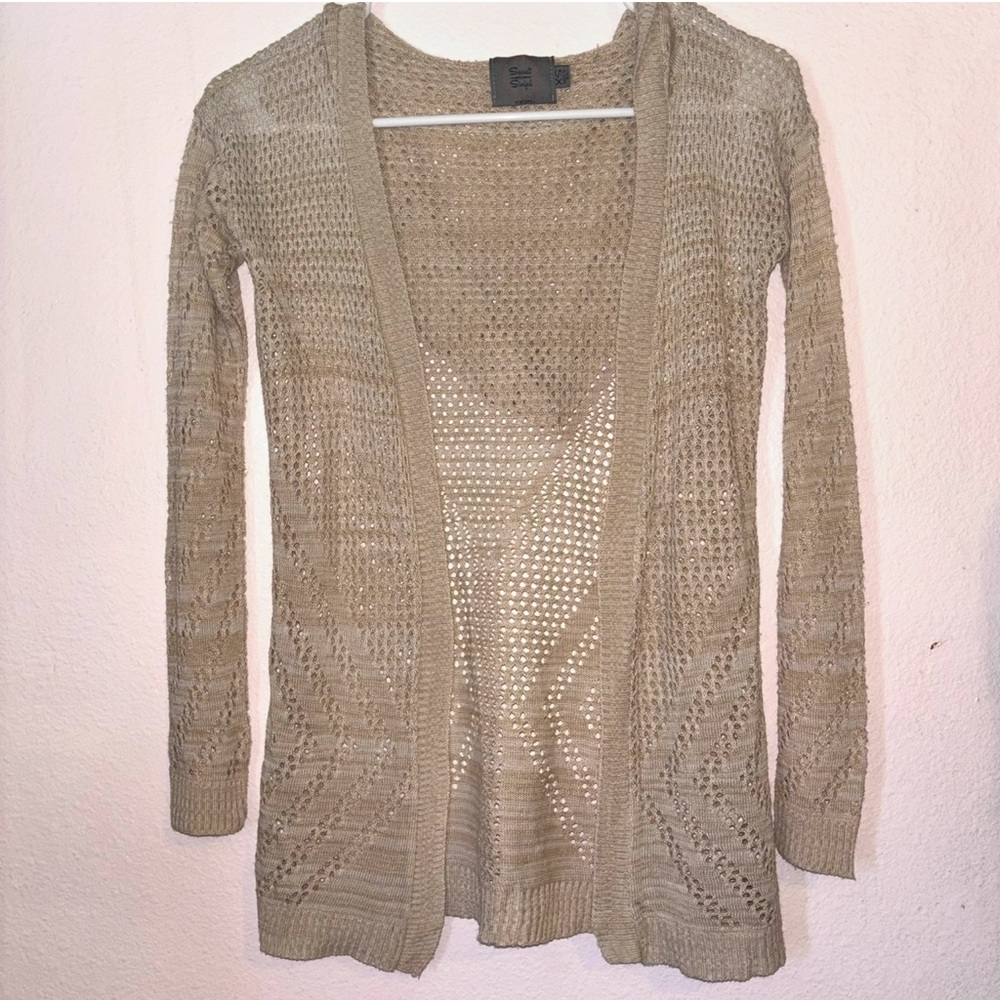 Open-Knit Lightweight Cardigan Sweater With Hood  - Light Beige